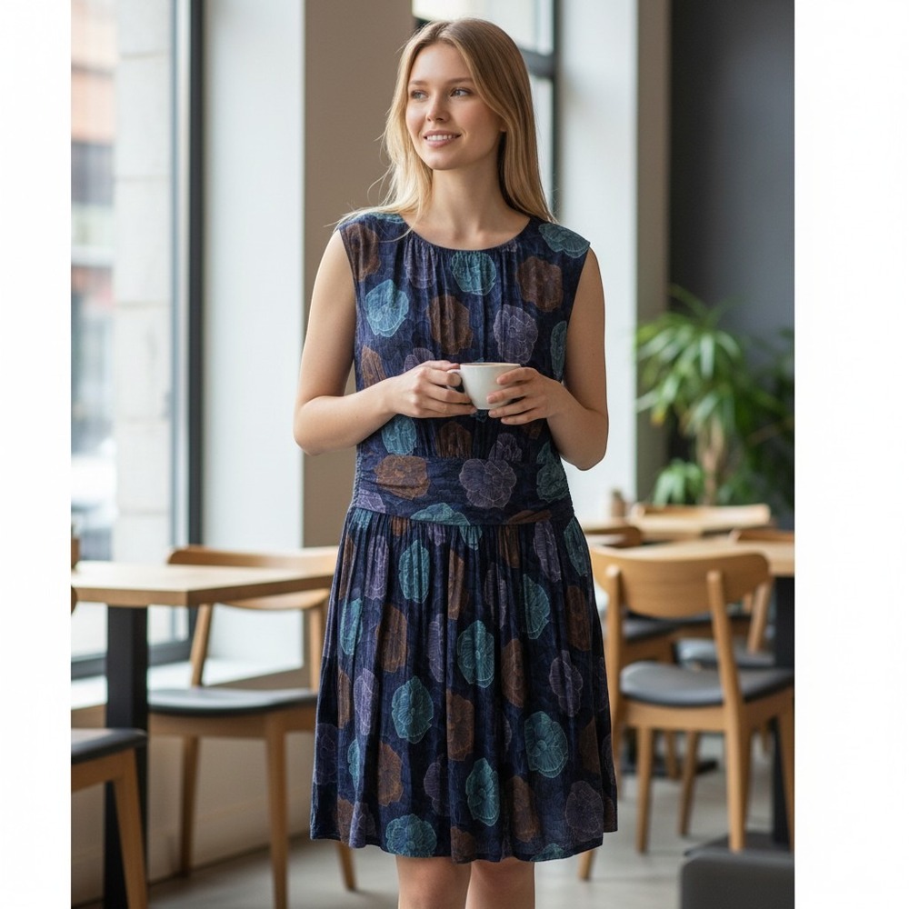Boden Floral Selina Dress sz 14‎ Navy Blue Sleeveless Tencel whimsigoth ruched